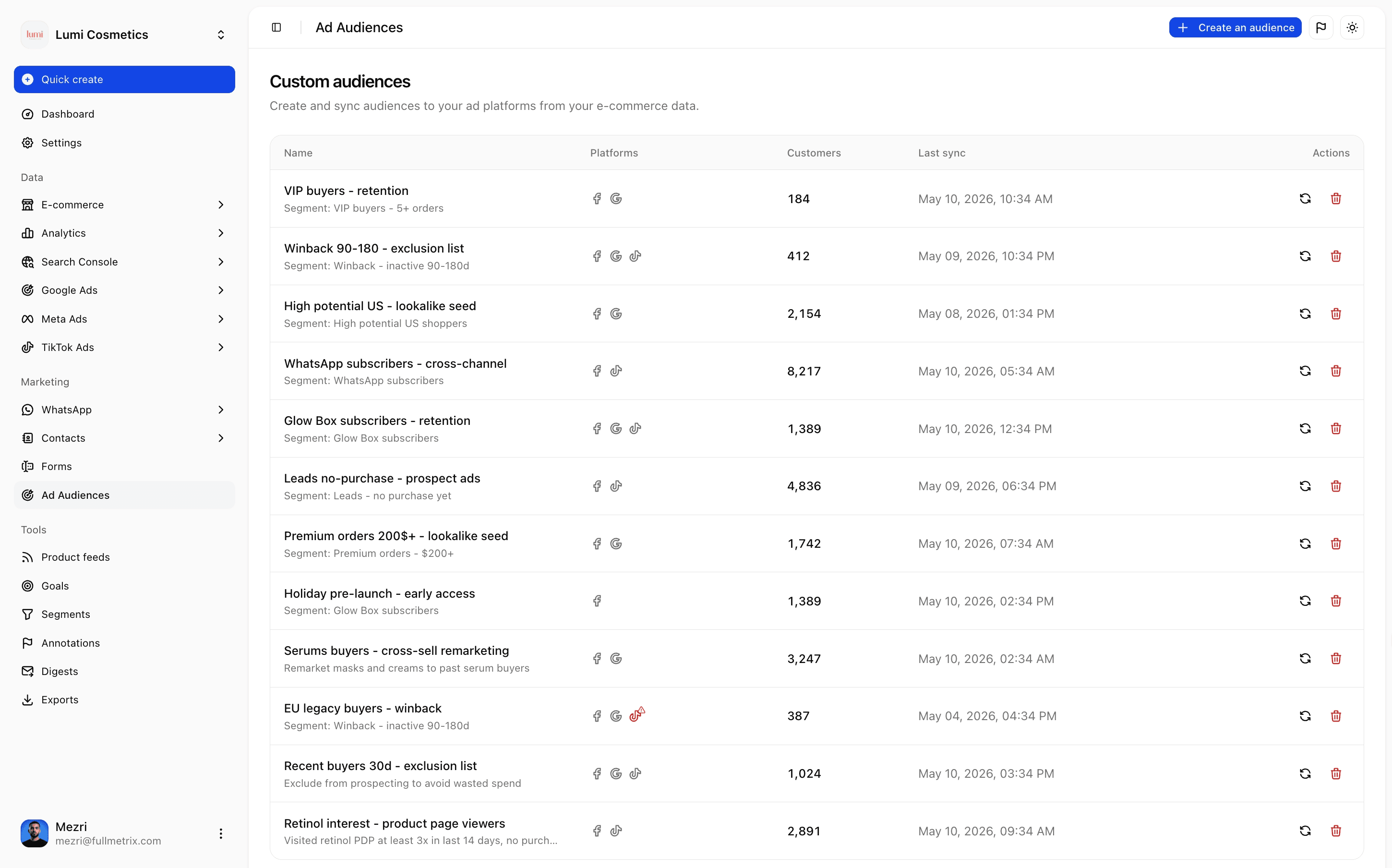 Ad audiences sync