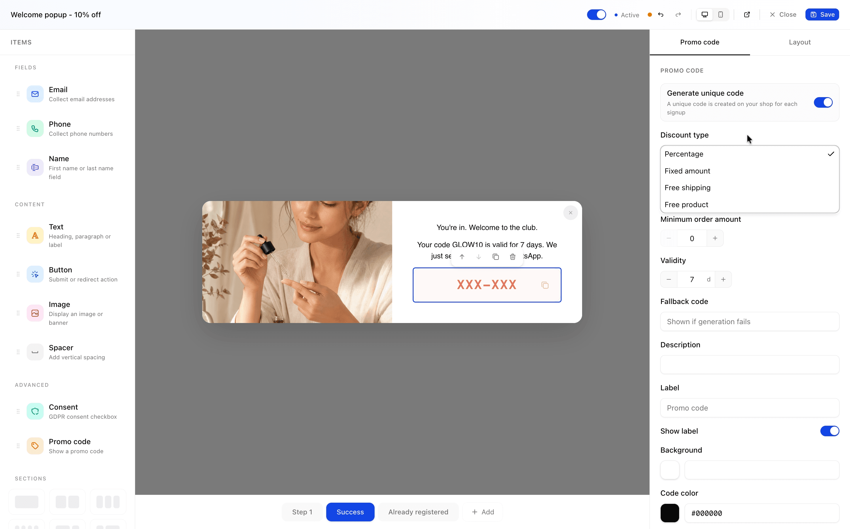 Promo code popups