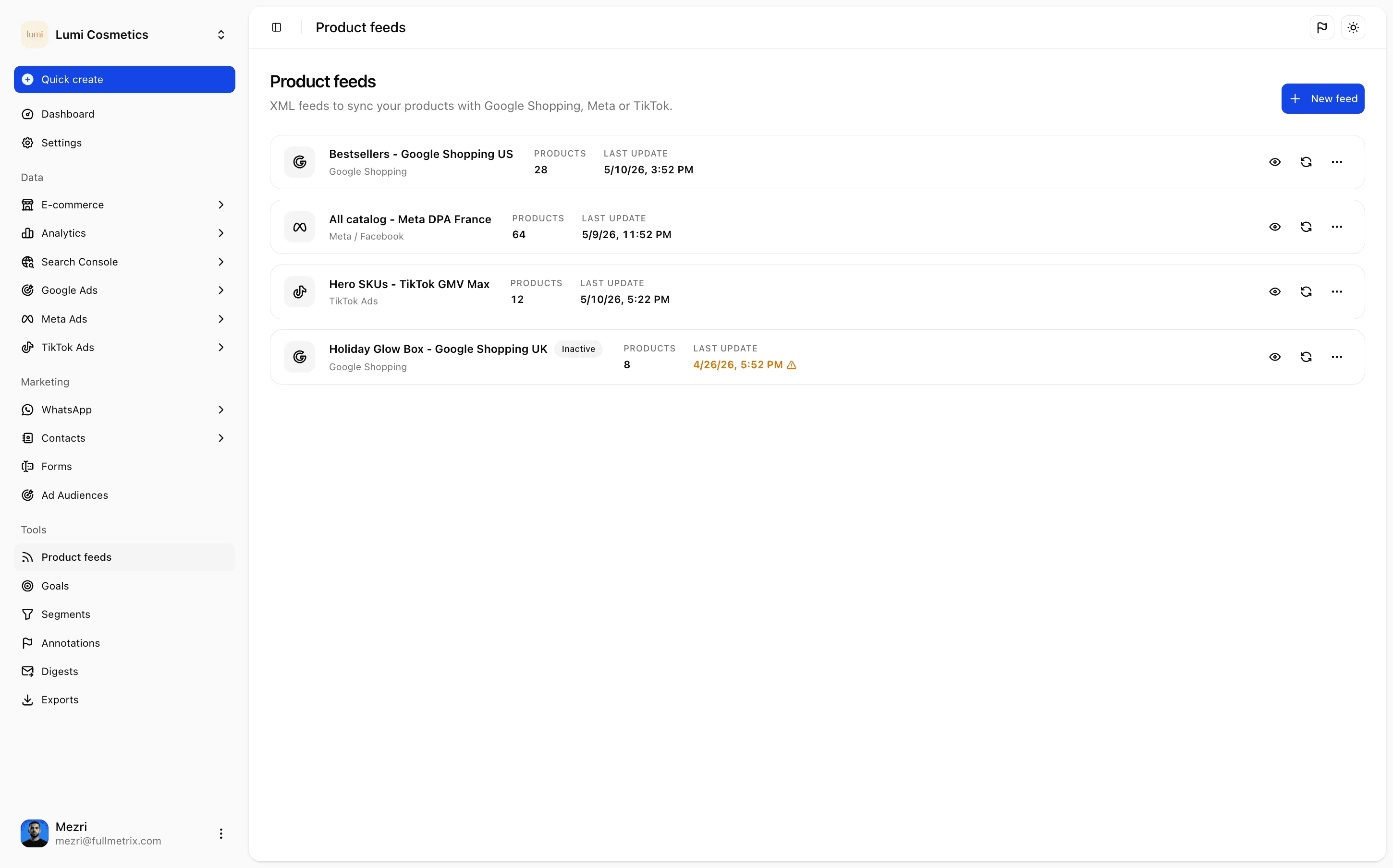 Product feeds for Google, Meta and TikTok