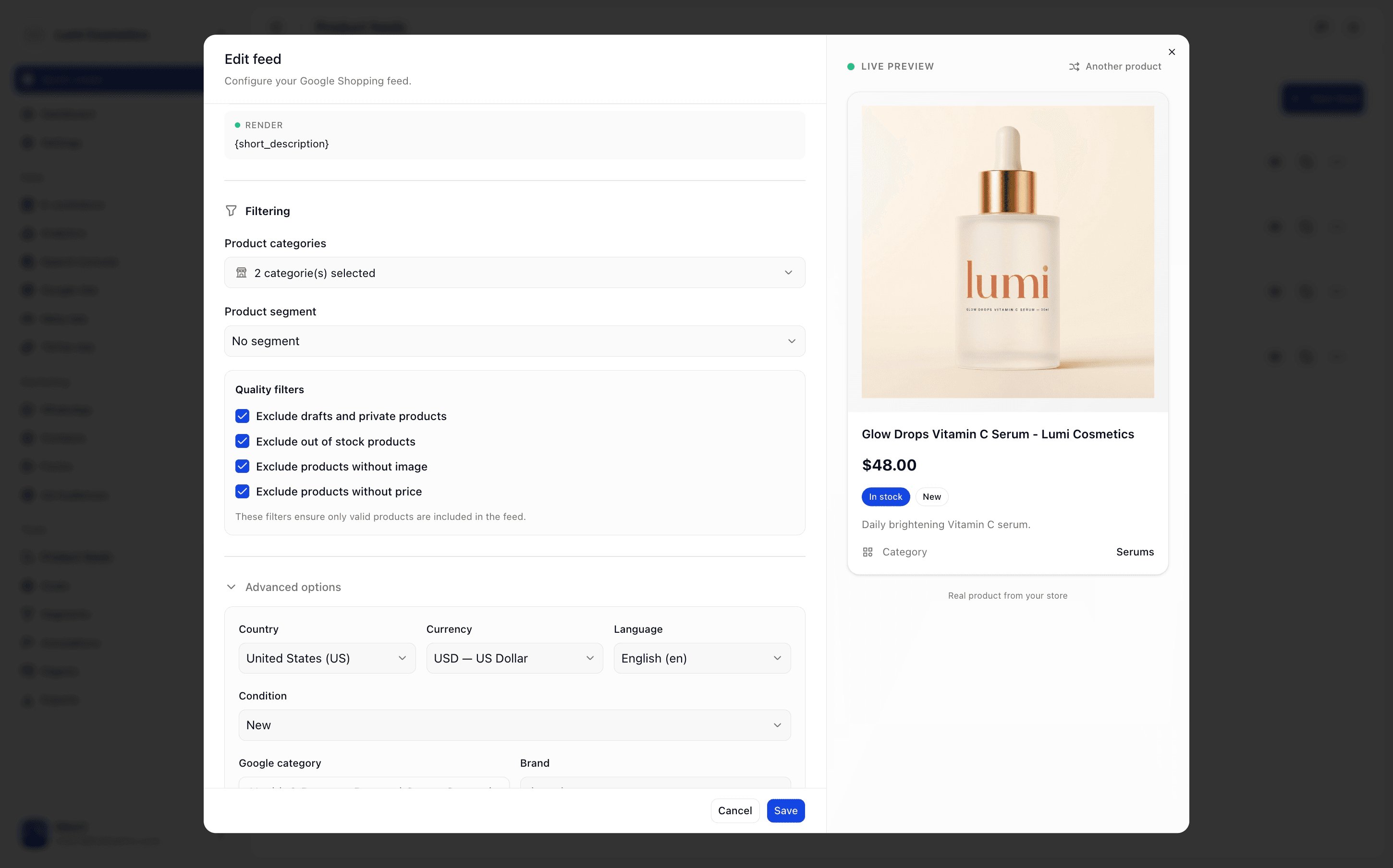 Poussez uniquement les SKUs pertinents, avec les bonnes métadonnées.