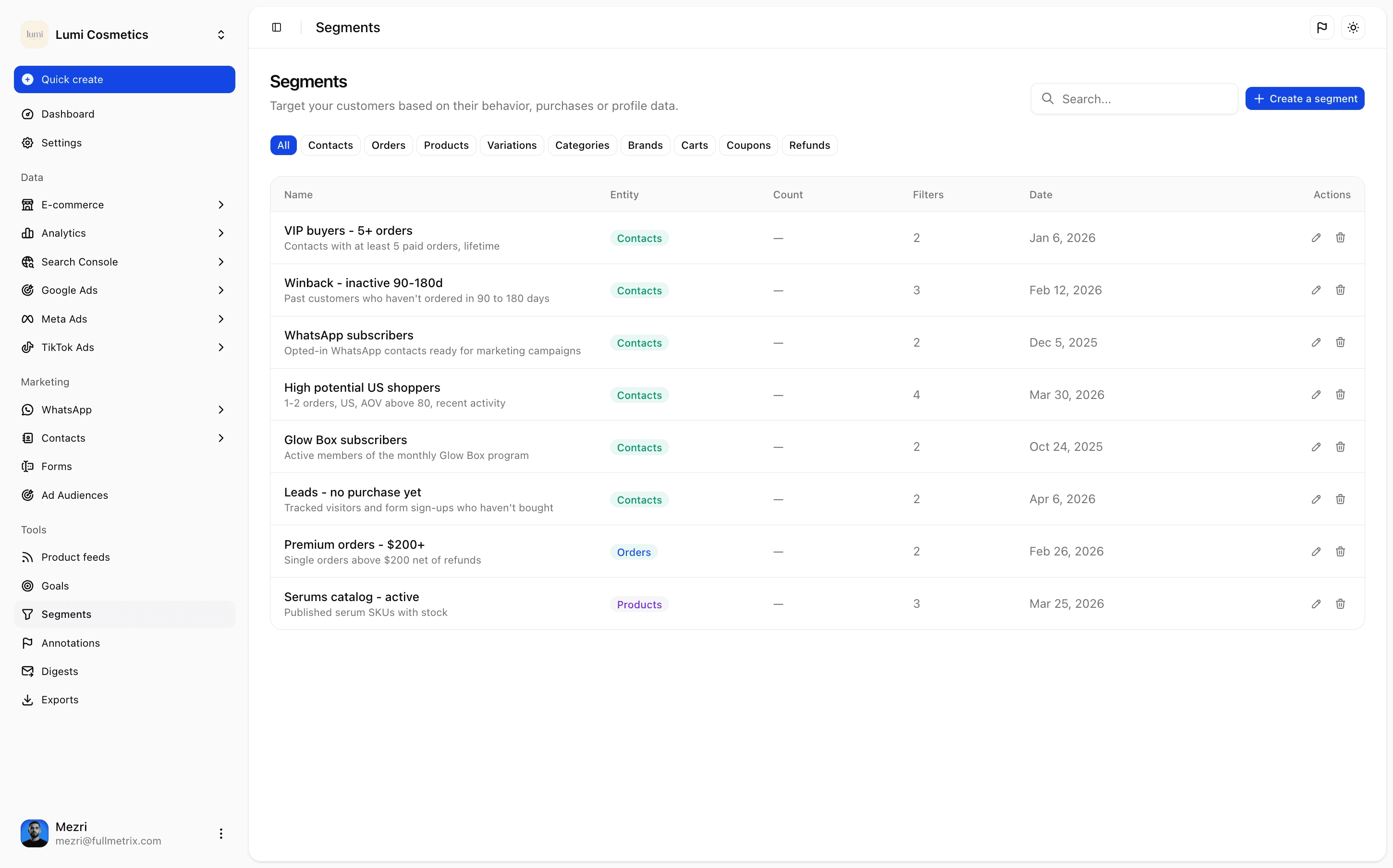 Customer and order segments