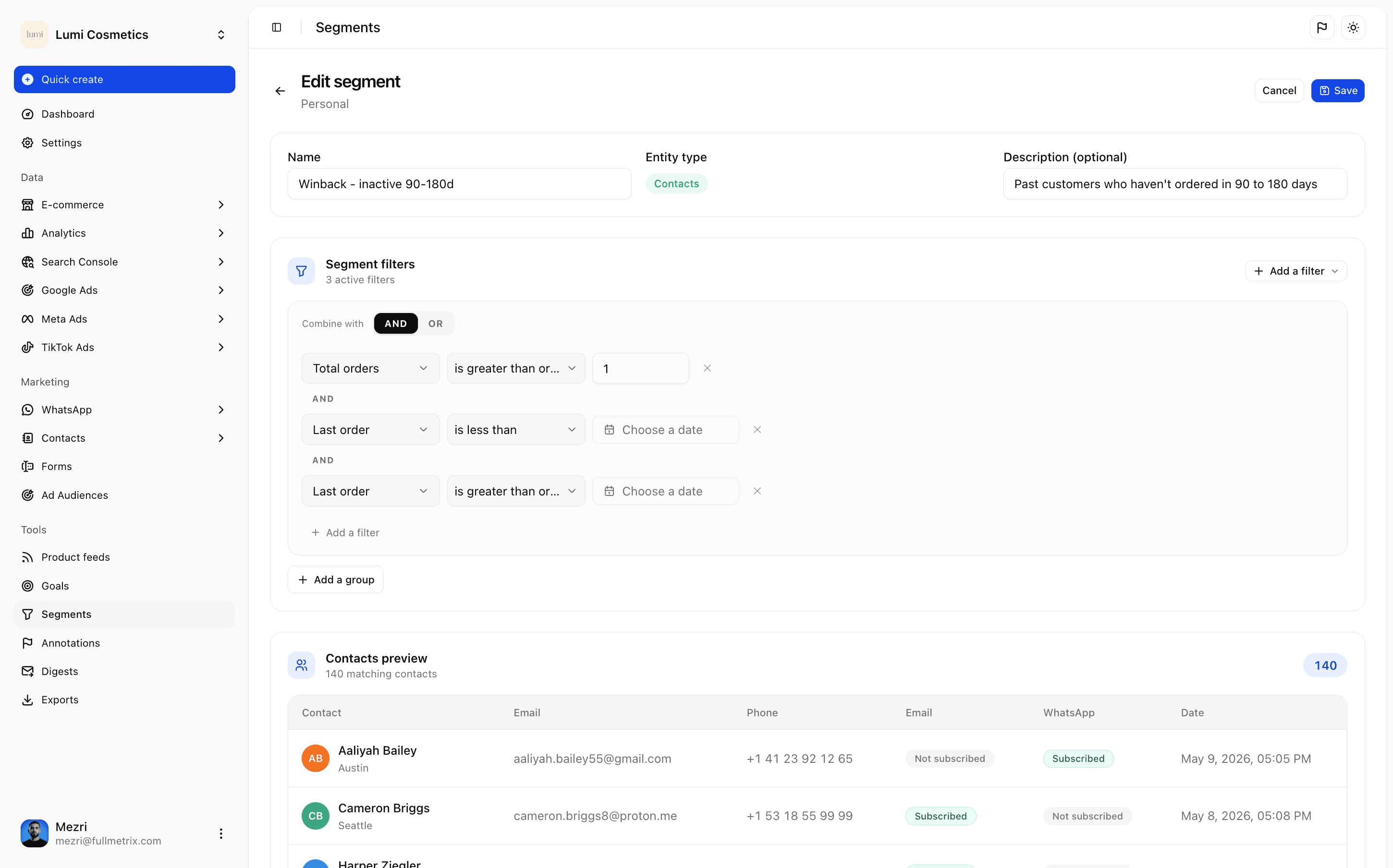 Customer and order segments