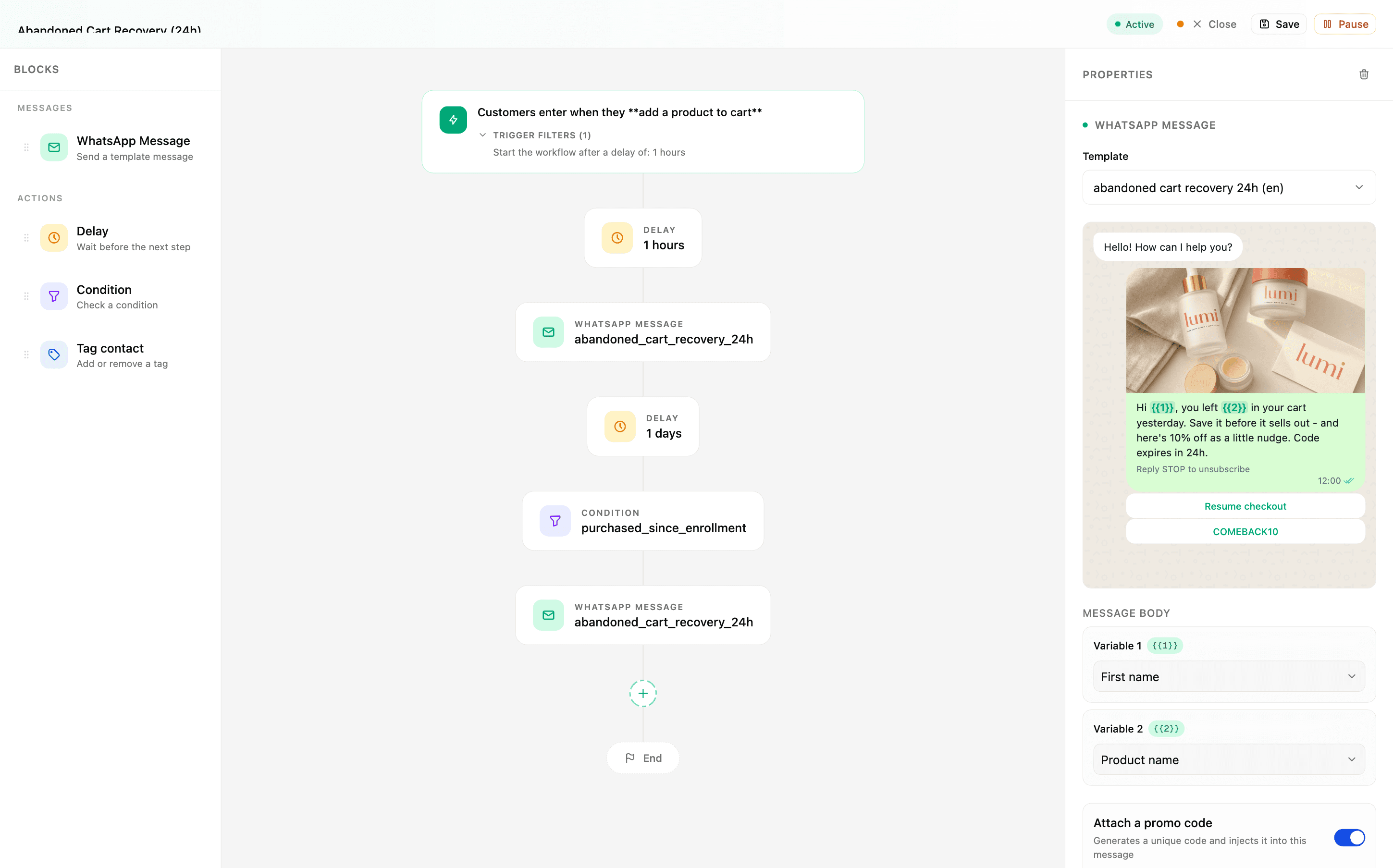 Pick a template, fill the variables, preview before send.