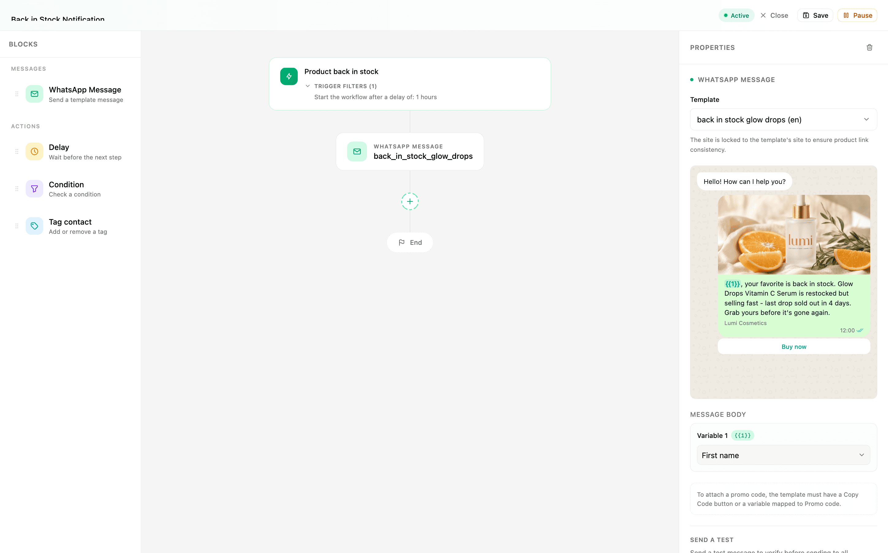 Real-time stock webhook to WhatsApp template, in two clicks.