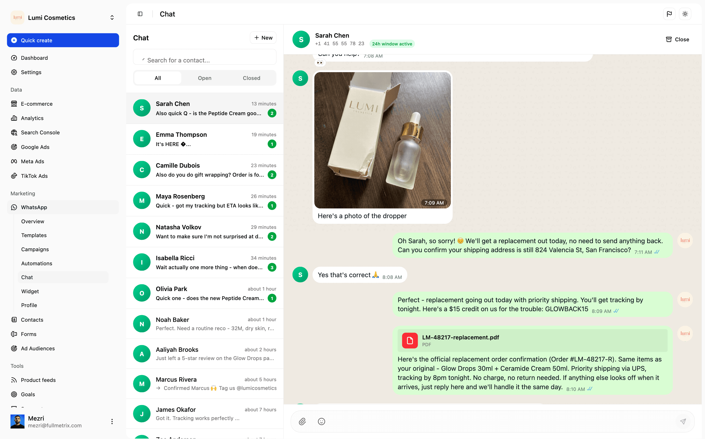 WhatsApp customer inbox